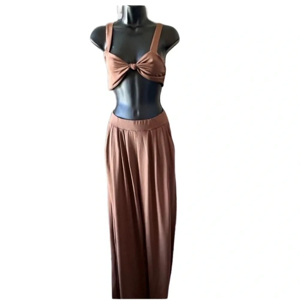 NEW Ladies 2 Piece Palazzo Pant BraLet Top Asymetrical T Straps Size M Brown